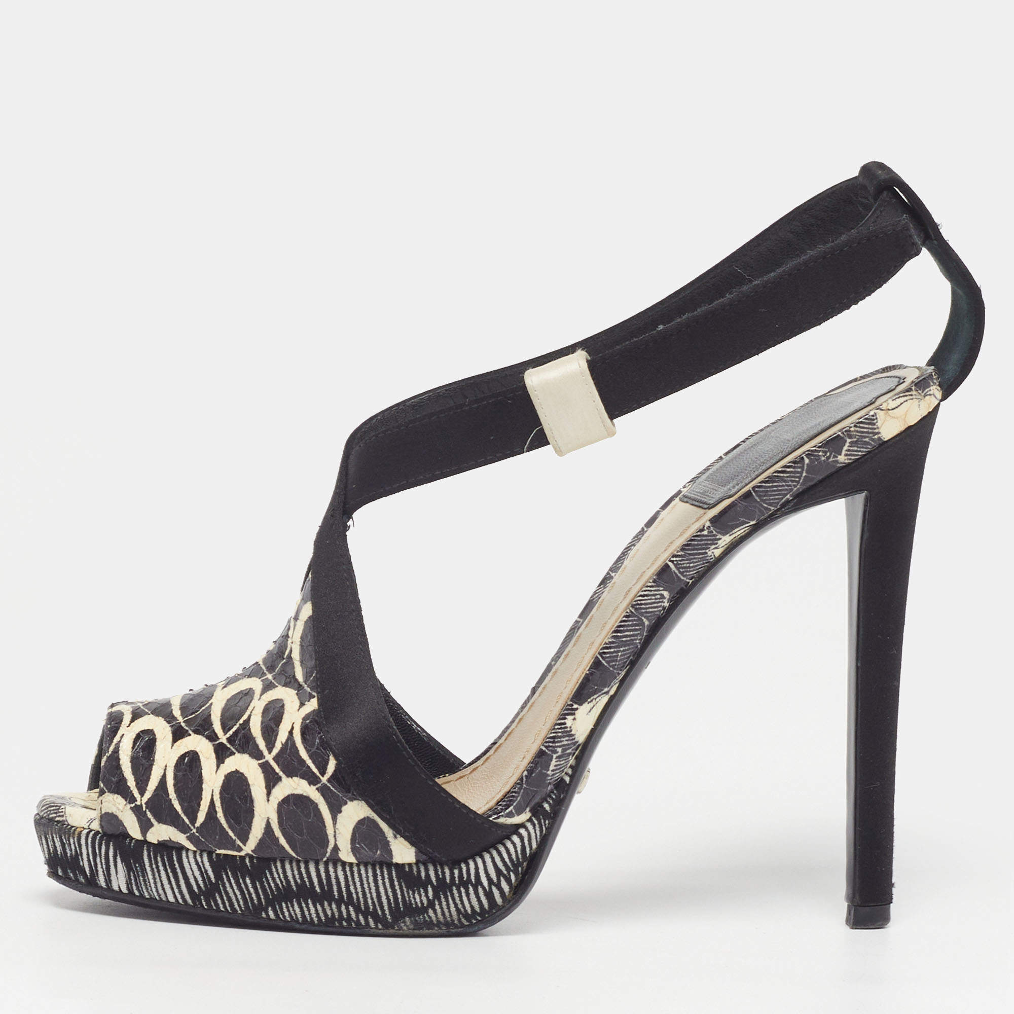 Pre Owned Dior Size 36.5 Black/White Satin and Water Snakeskin Ankle Strap Sandals