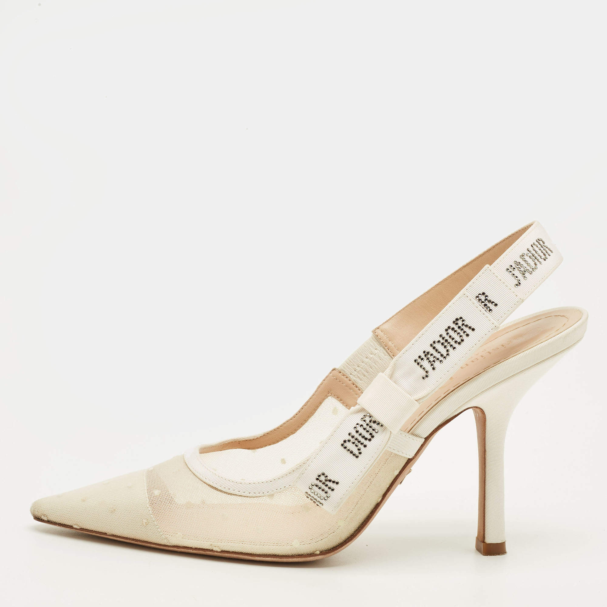 Pre Owned Dior J'Adior Size 38.5 White Canvas and Mesh Embellishment Slingback Pumps