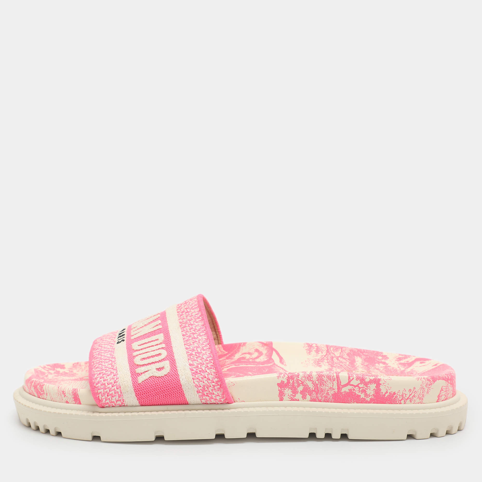 Pre Owned حذاء سلايد فلات قماش مطرز توال دي جوي أزرق/أبيض ديور مقاس 36.5