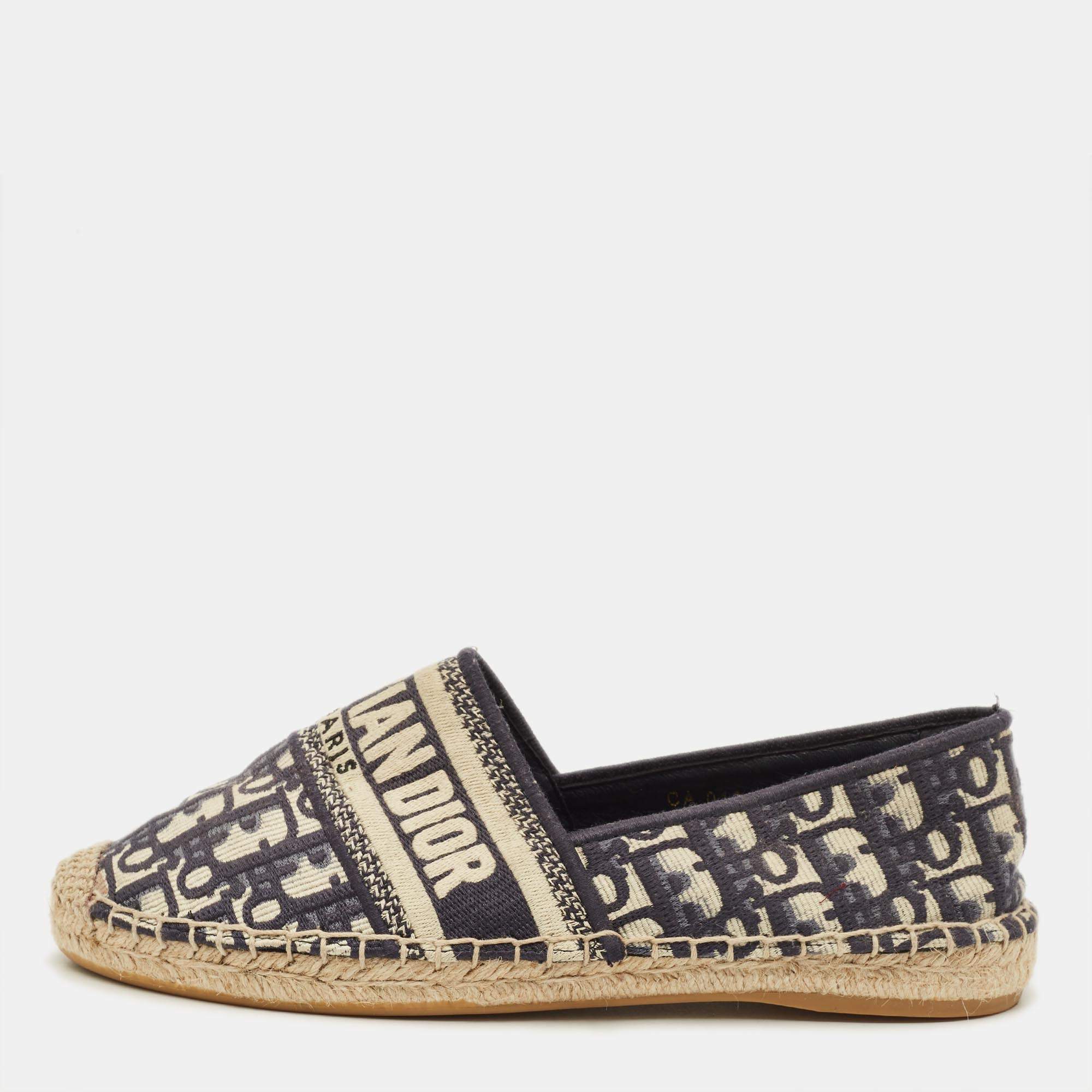 Pre Owned Dior Granville Size 39 Navy Blue/White Oblique Canvas Espadrille Flats