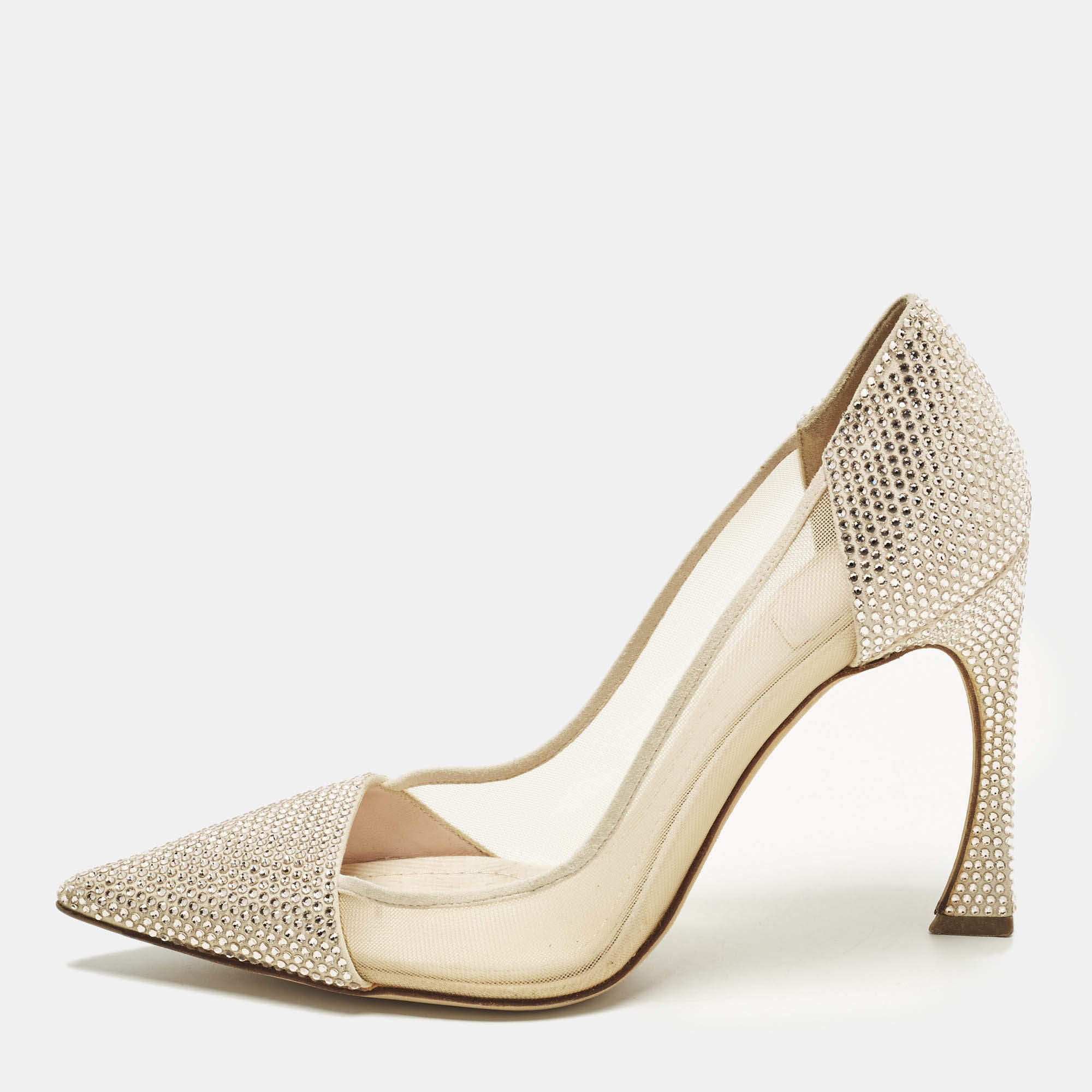 Pre Owned Dior Size 36.5 Beige Crystal Embellished Suede And Mesh Pointed Toe Pumps 