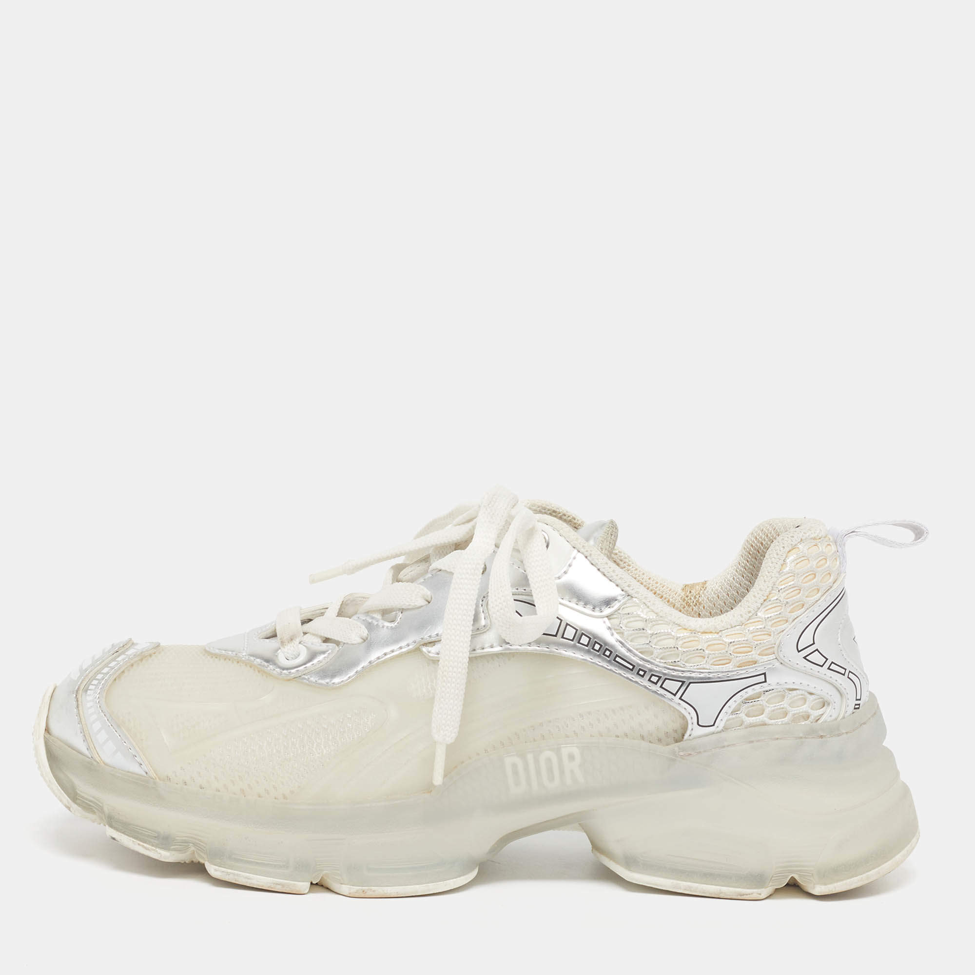 Pre Owned حذاء رياضي ديور فيب جلد وشبك ذهبي/أبيض مقاس 39