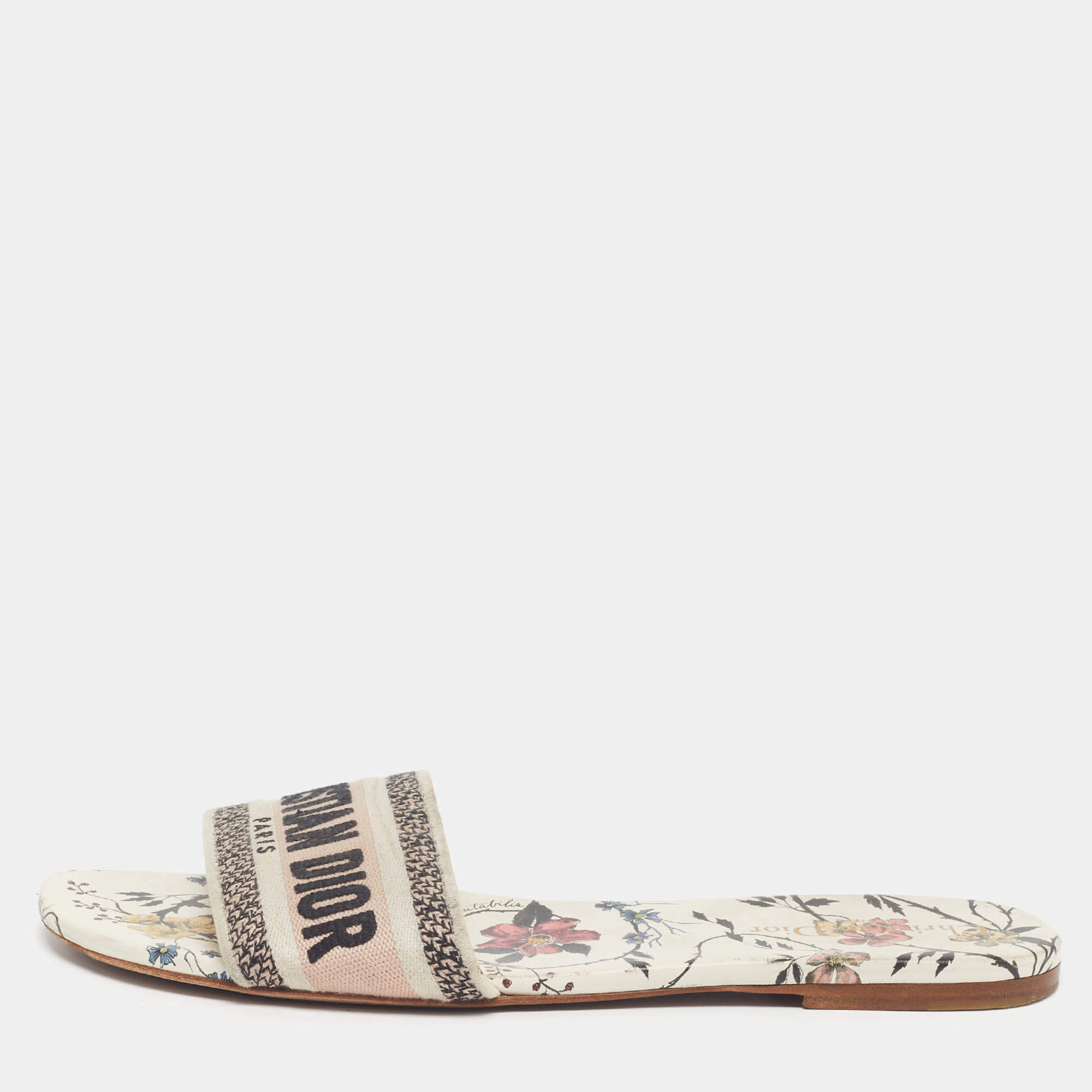 Pre Owned Dior Dway Size 42 Cream/Black Canvas Flat Slides