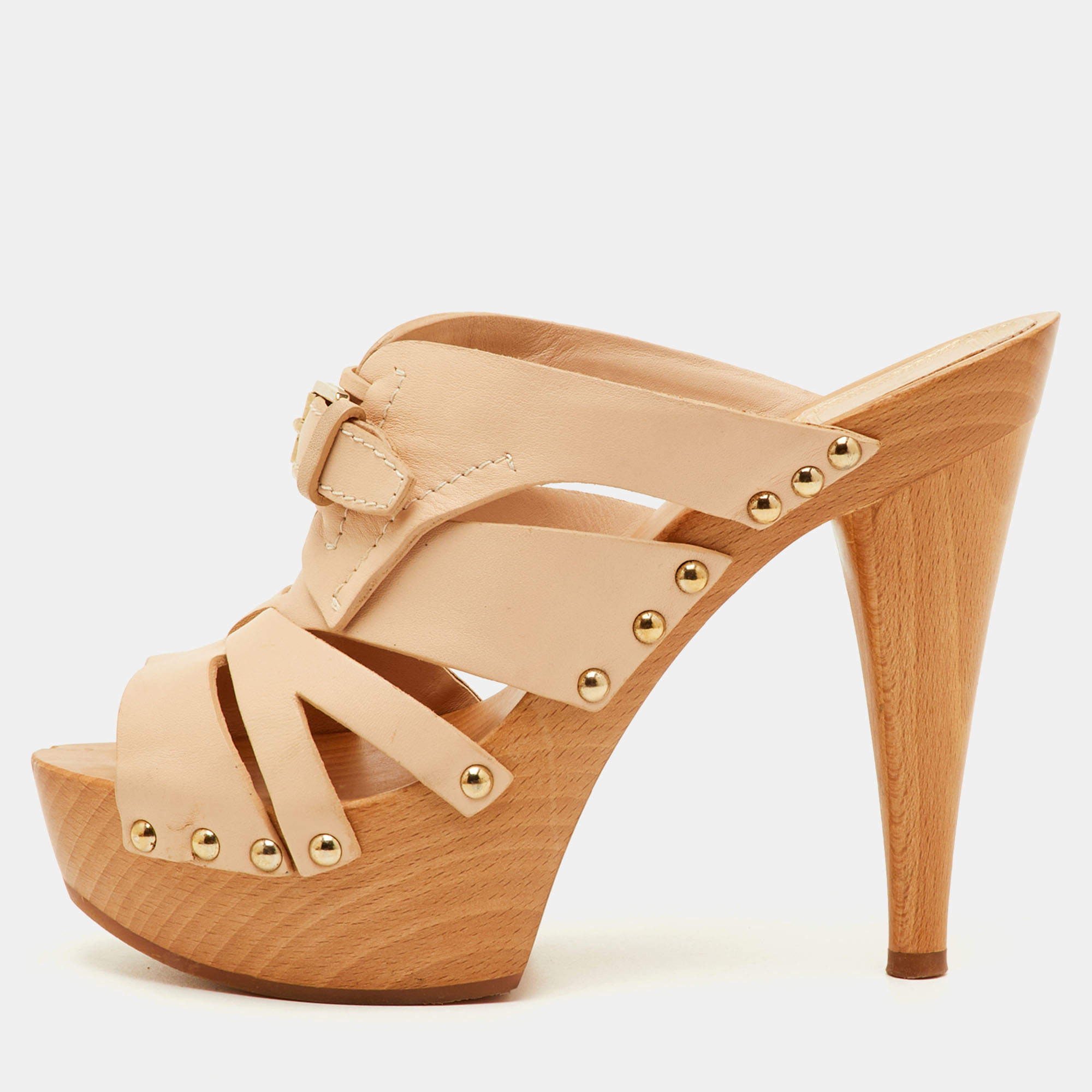 مملوكة مسبقًا Dior Size 37 Beige Leather Wooden Platform Clogs