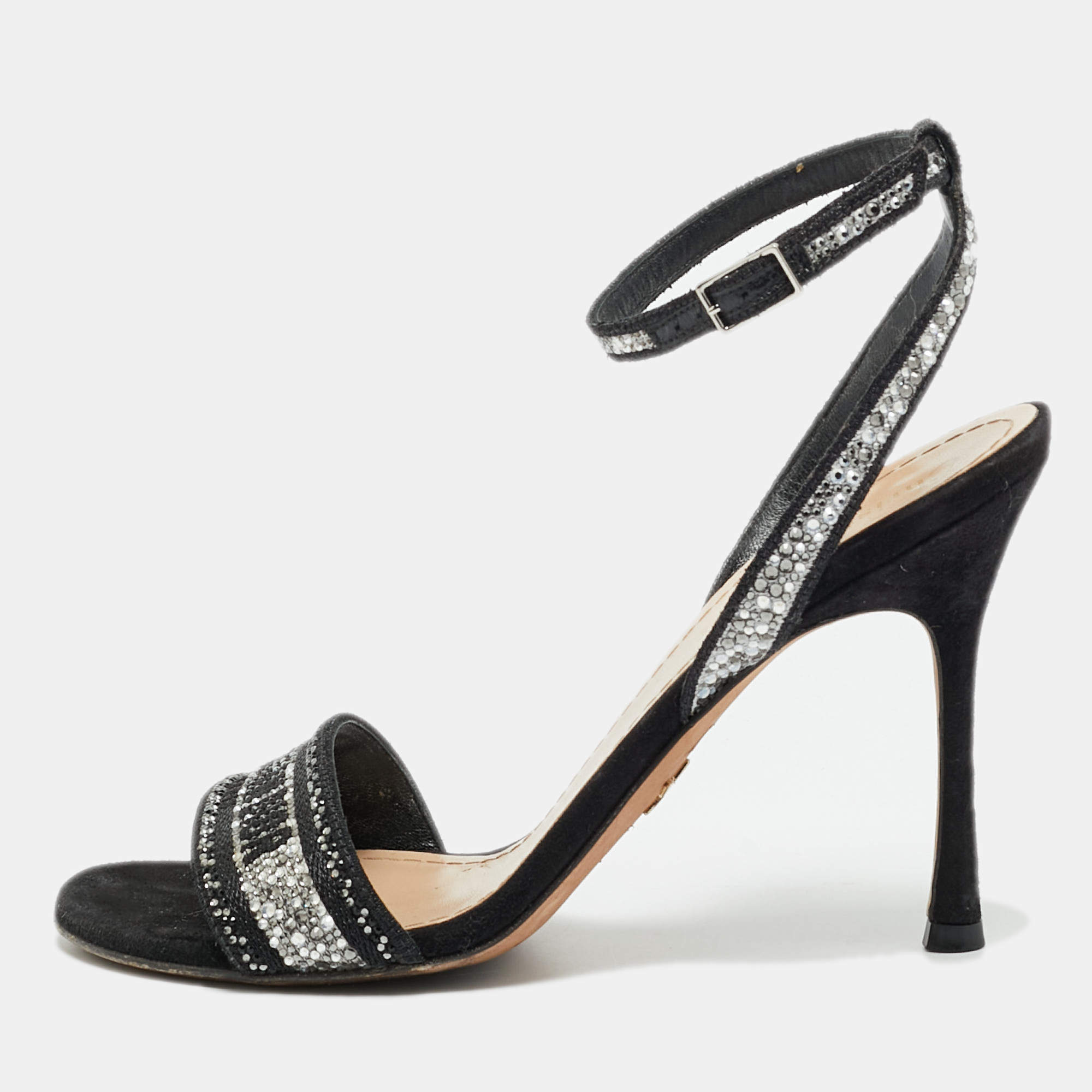 Pre Owned Dior Dway Size 37.5 Black Canvas Crystal Embellished Ankle Strap Sandals