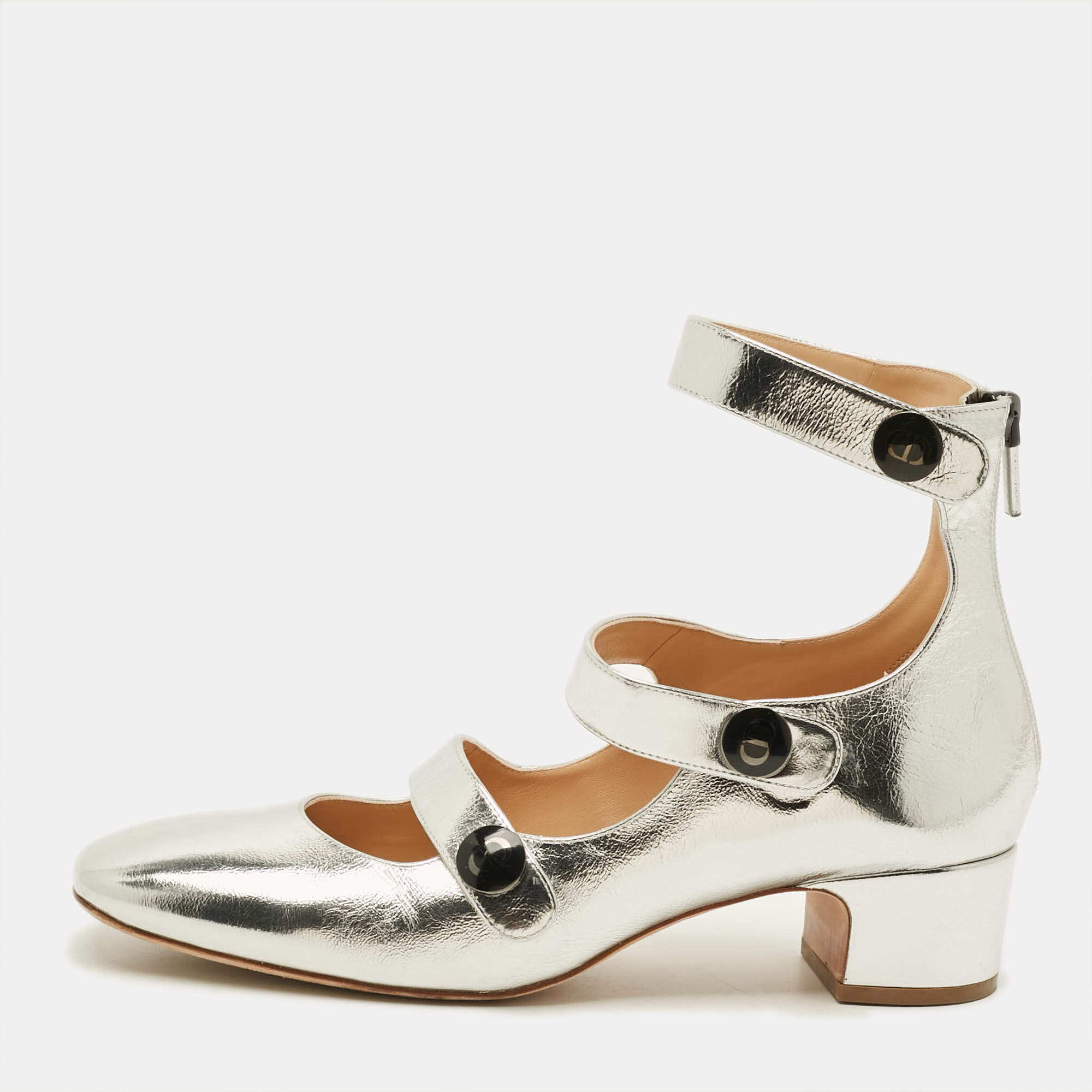 Pre Owned Dior D-Doll Size 40.5 Silver Foil Leather Mary Jane Pumps