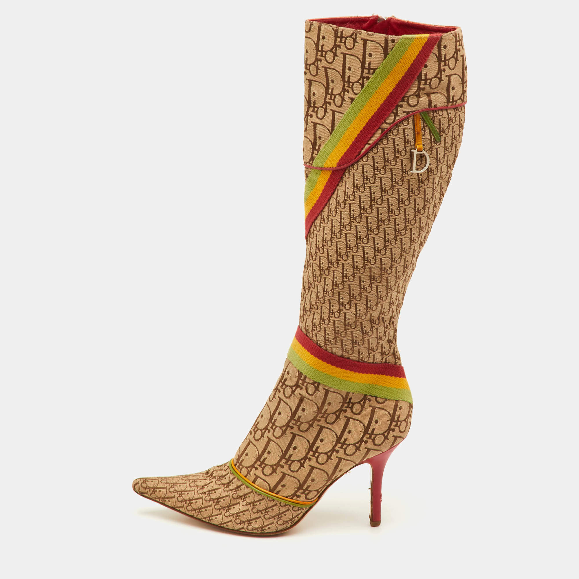 Pre Owned Dior Rasta Size 38.5 Beige/Brown Diorissimo Canvas Web Detail Knee Length Boots