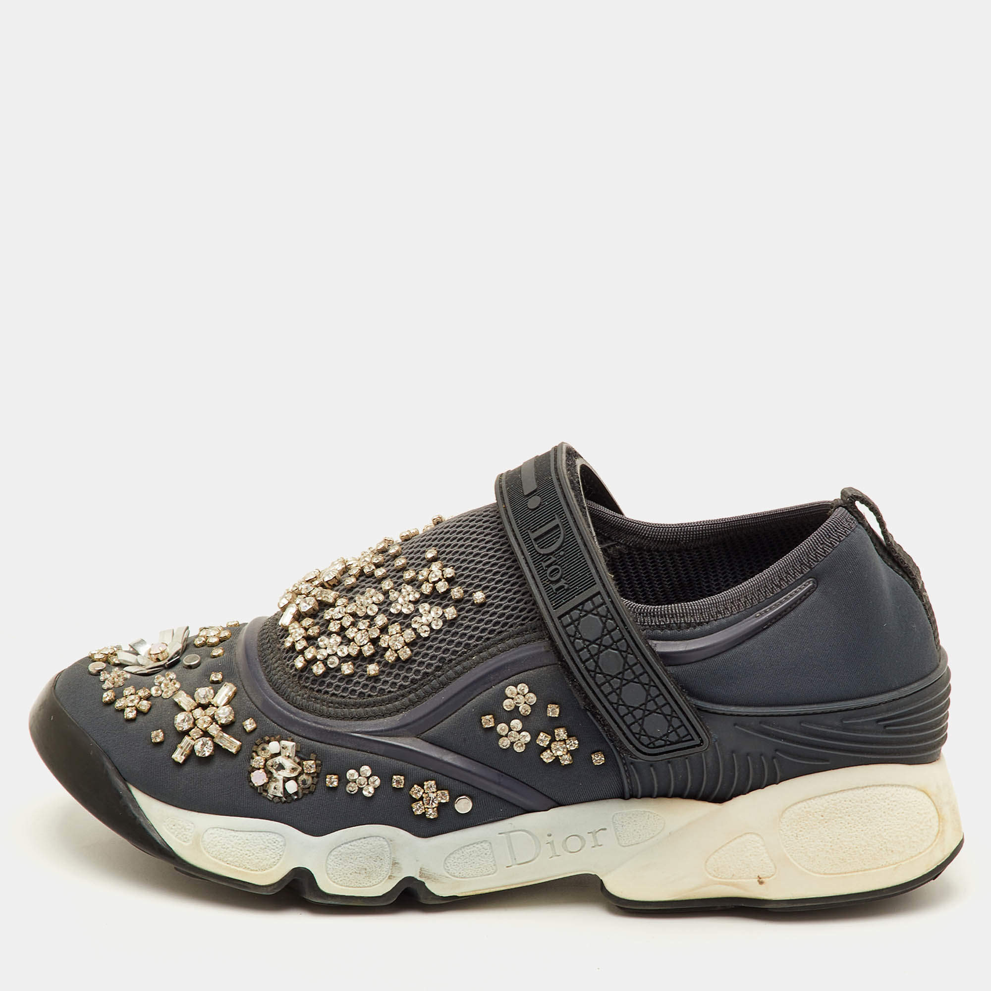 مملوكة مسبقًا Dior Fusion Size 37 Grey Neoprene and Rubber Crystal Embellished Slip On Sneakers