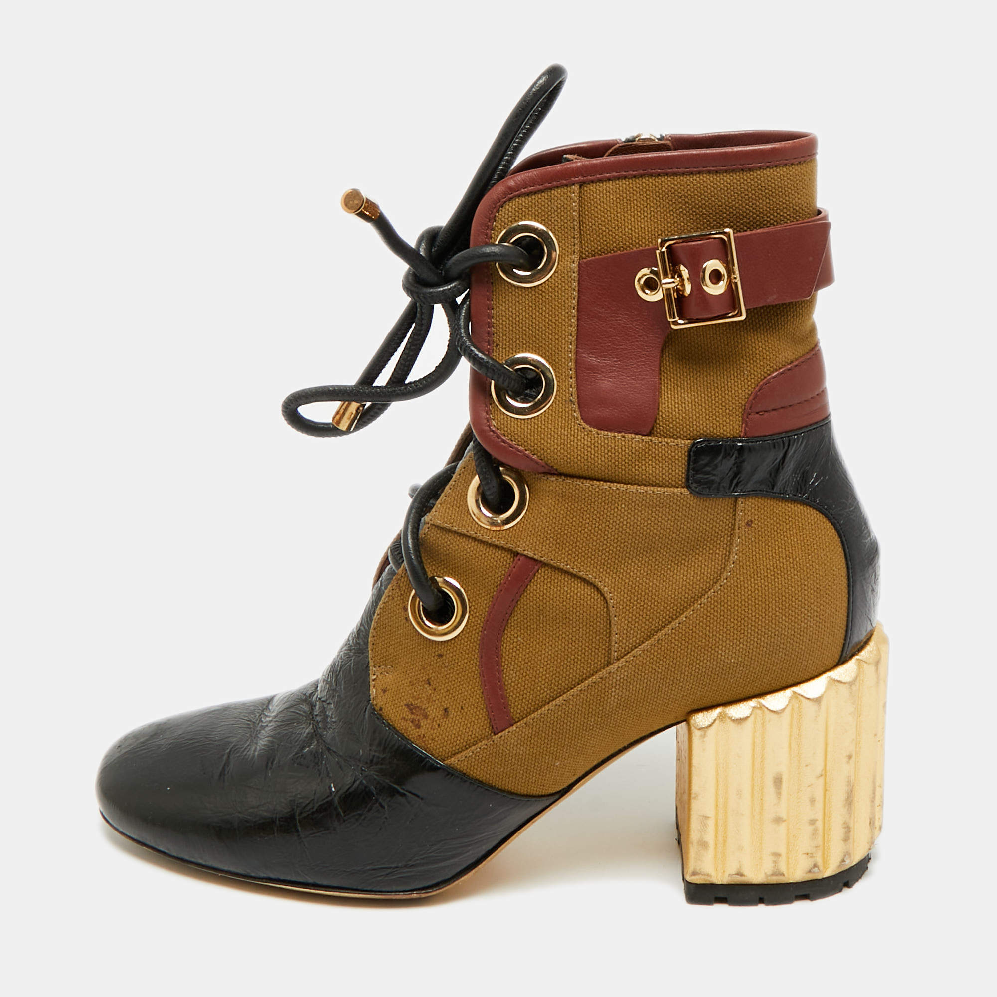 Pre Owned Dior Glorious Size 38 Black/Brown Canvas Leather Ankle Length Boots