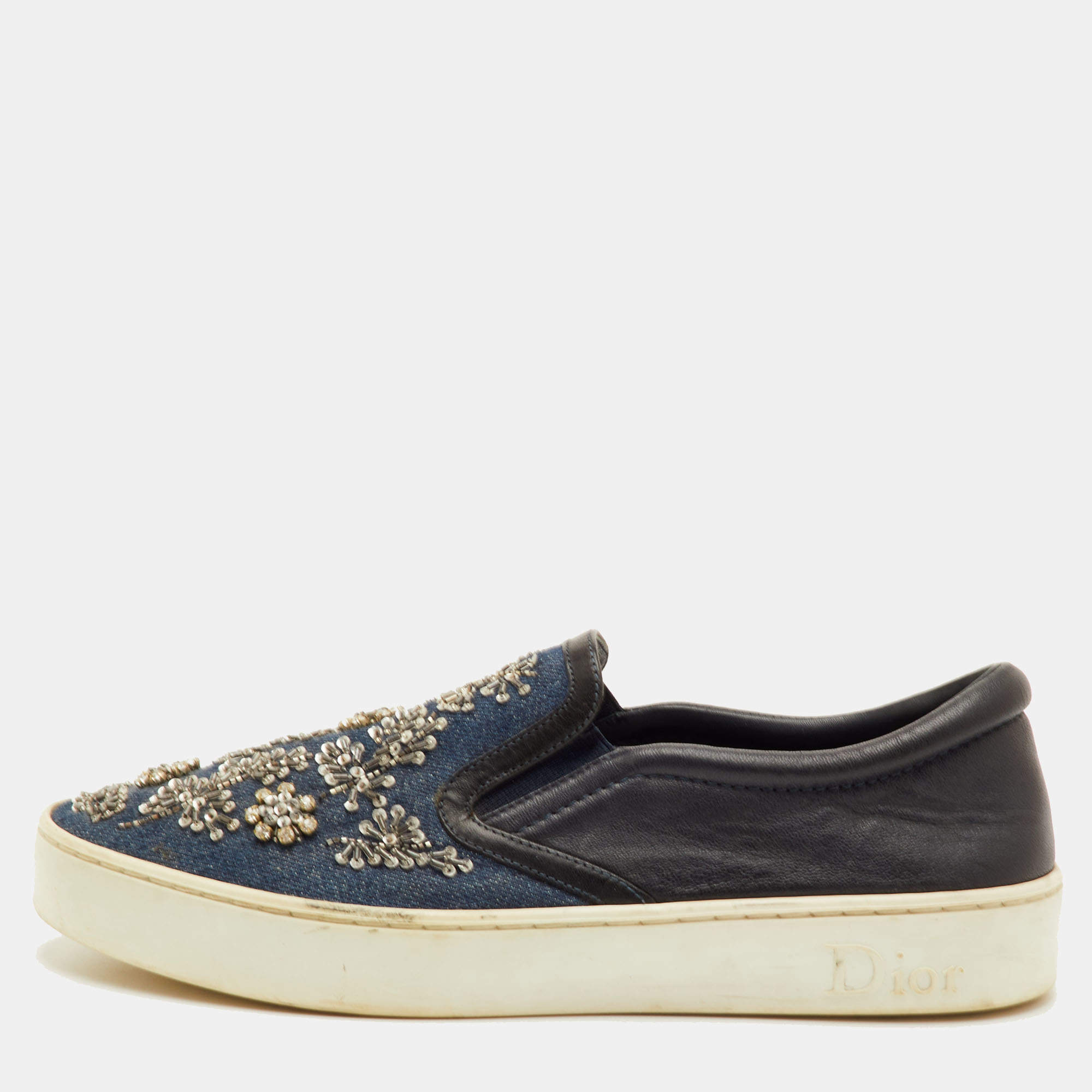 مملوكة مسبقًا Dior Happy Size 38 Black/Navy Blue Leather and Denim Crystal Embellished Slip On Sneakers