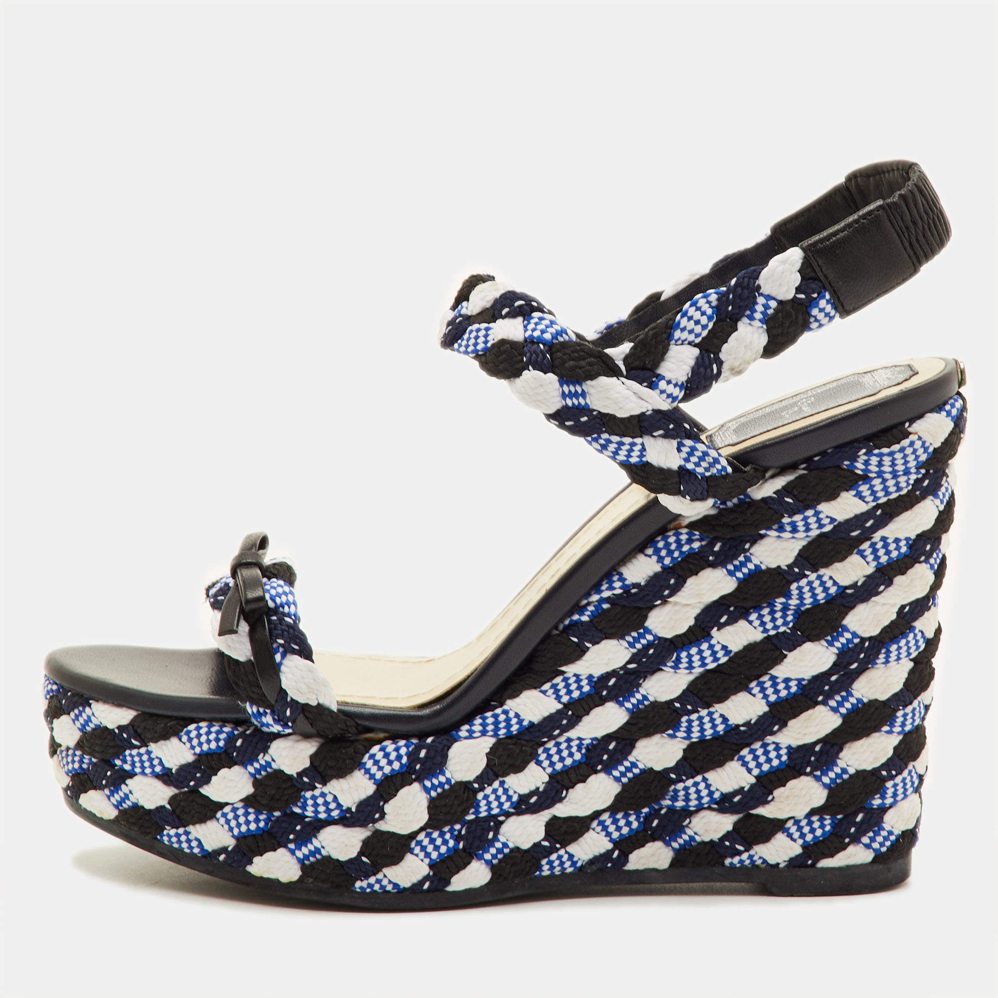 Pre Owned Dior Size 40 Multicolor Braided Fabric and Leather Open Toe Platform Wedge Sandals 