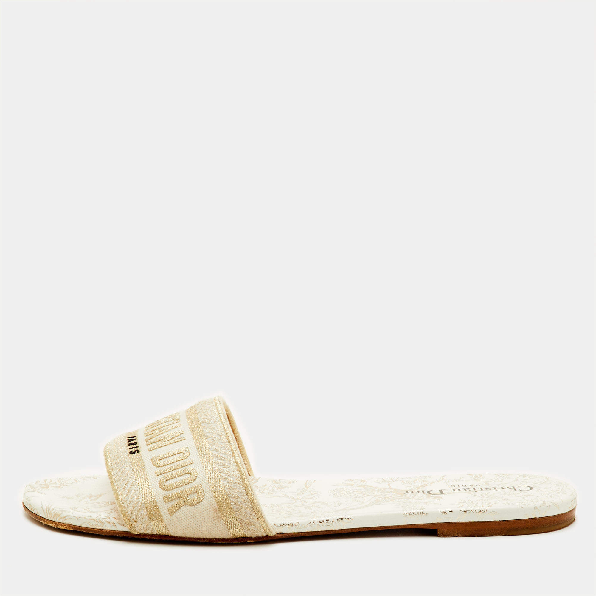 Pre Owned Dior Dway Size 42 White/Gold Embroidered Canvas Flat Slide Sandals