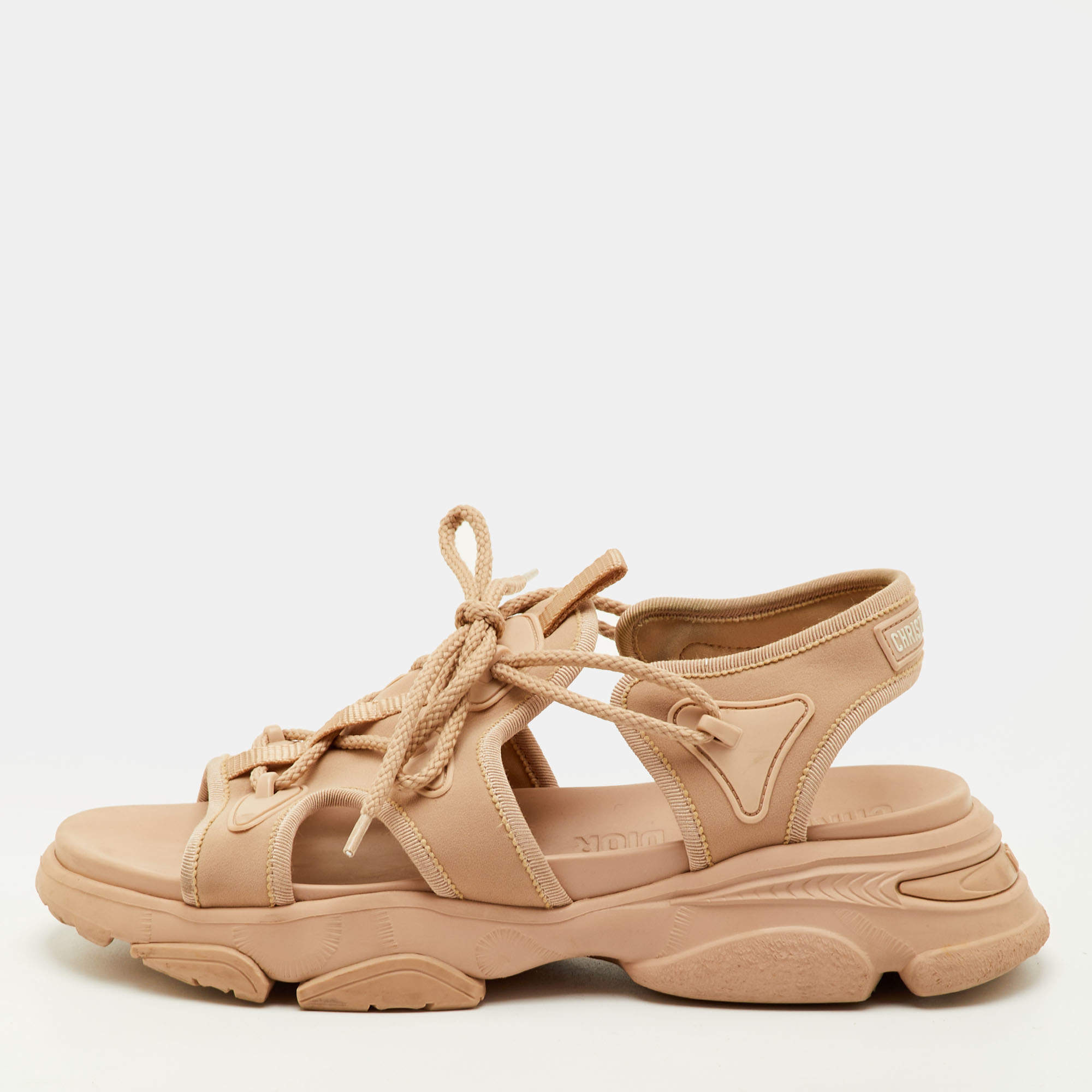 Pre Owned صندل فلات ديور نسيج نيوبرين ومطاط بيج بحزام كاحل مقاس 40