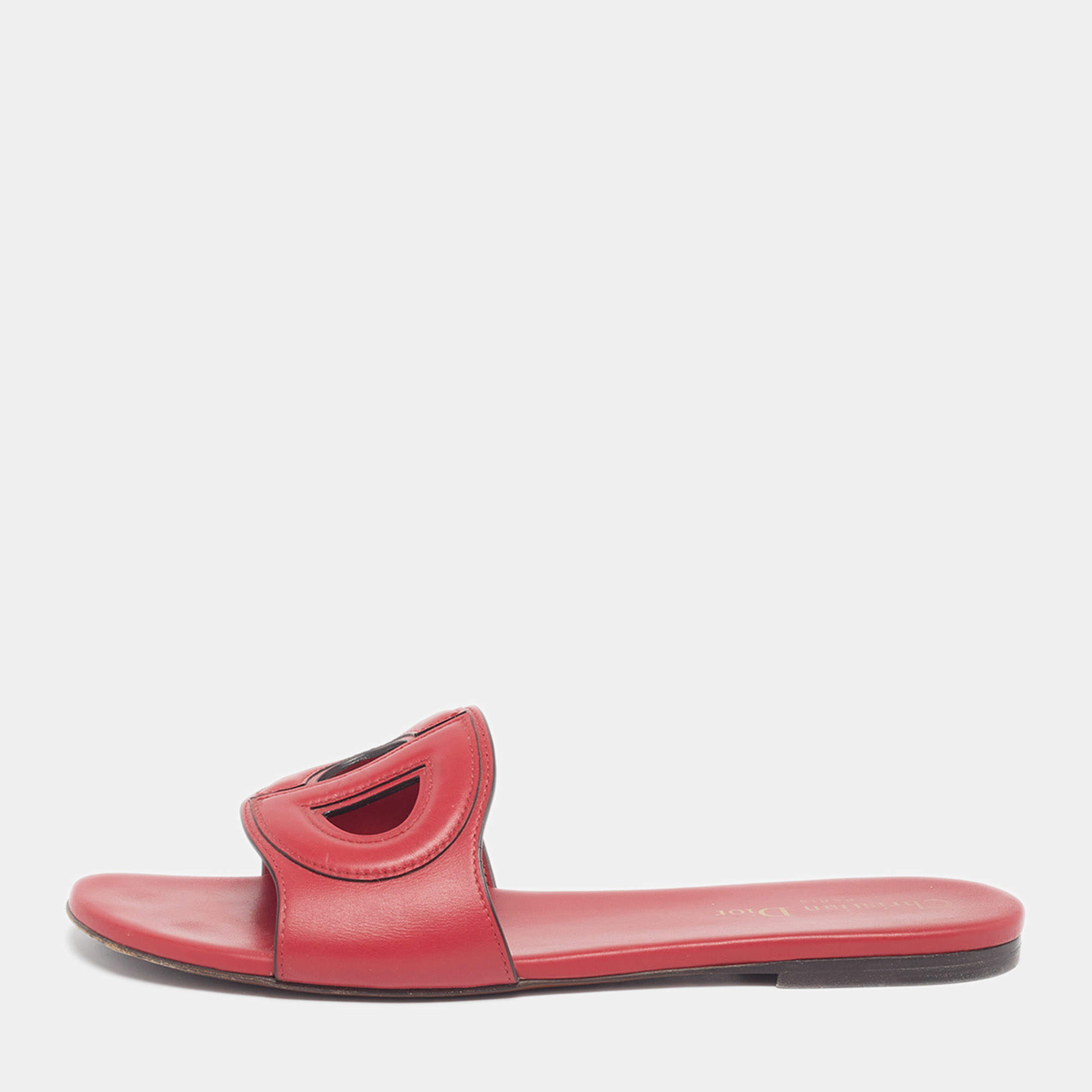 Pre Owned Dior D-Club Size 39 Red Leather Flat Slides