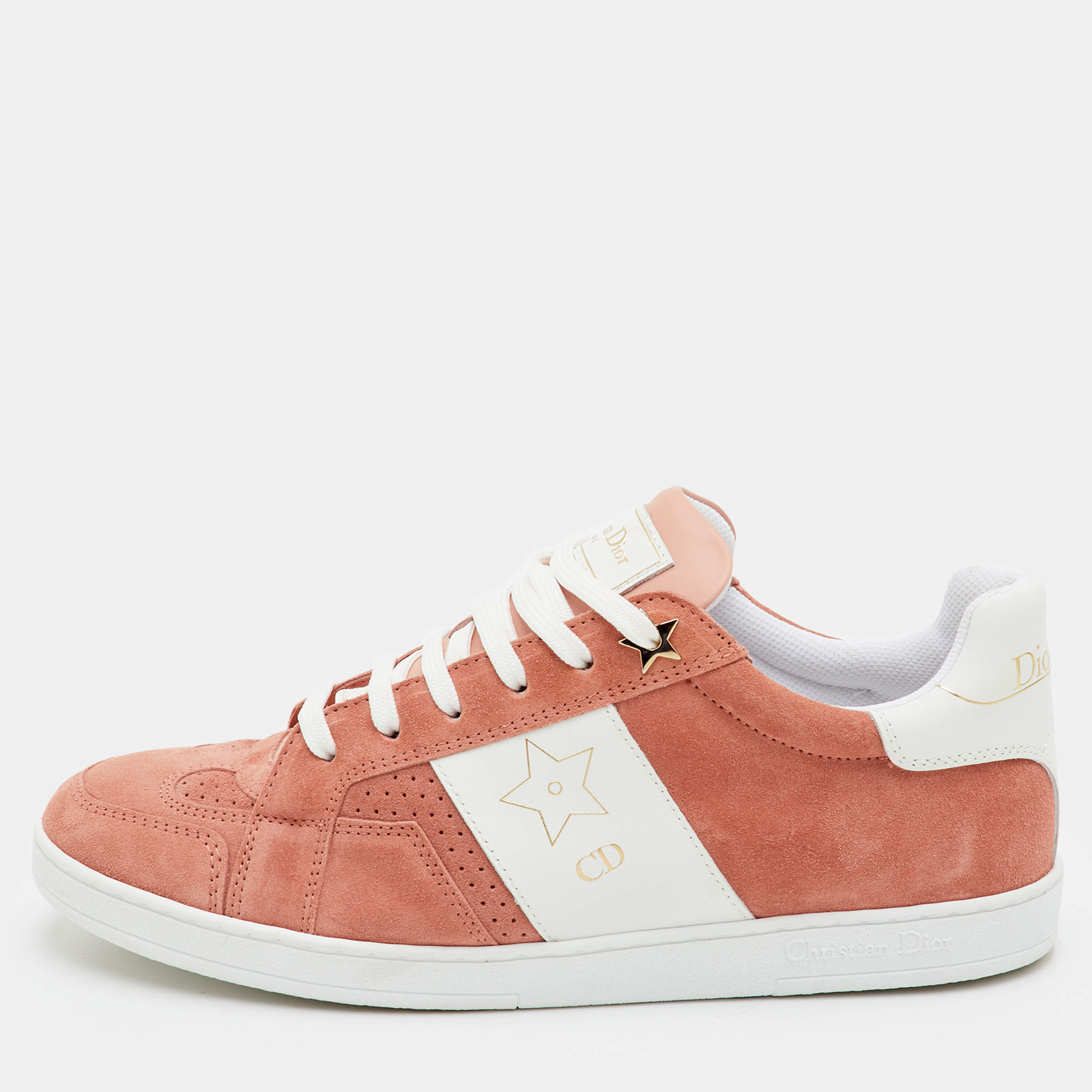 Pre Owned Dior Star Ors Size 39 Peach/White Suede and Leather Low Top Sneakers