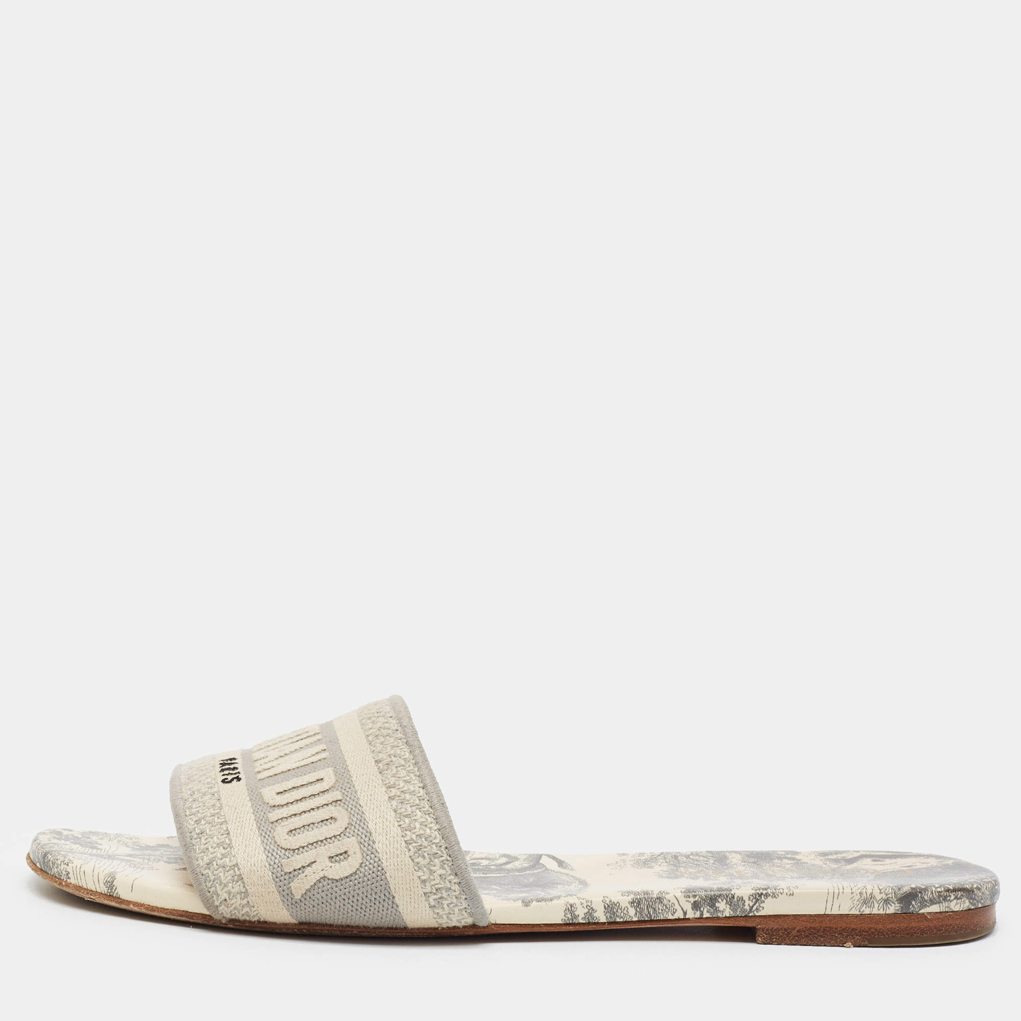 Pre Owned Dior Dway Size 38.5 Beige/Grey Jacquard Logo Embroidered Flat Slide