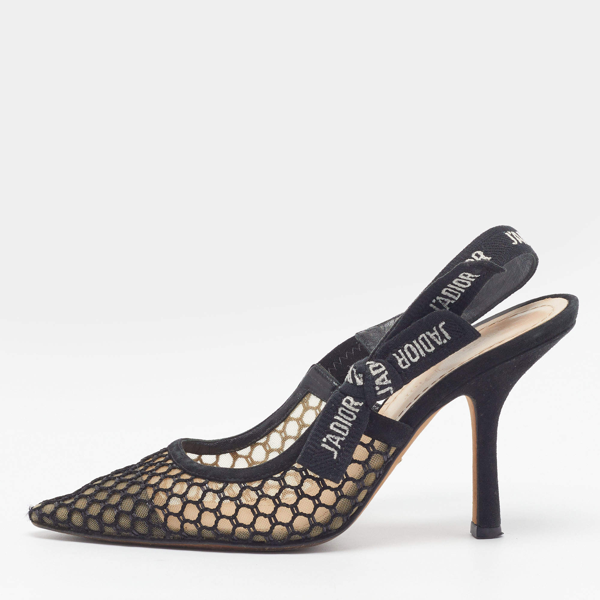 Pre Owned Dior J'adior Resille Size 37 Black Jacquard and Mesh Slingback Pumps