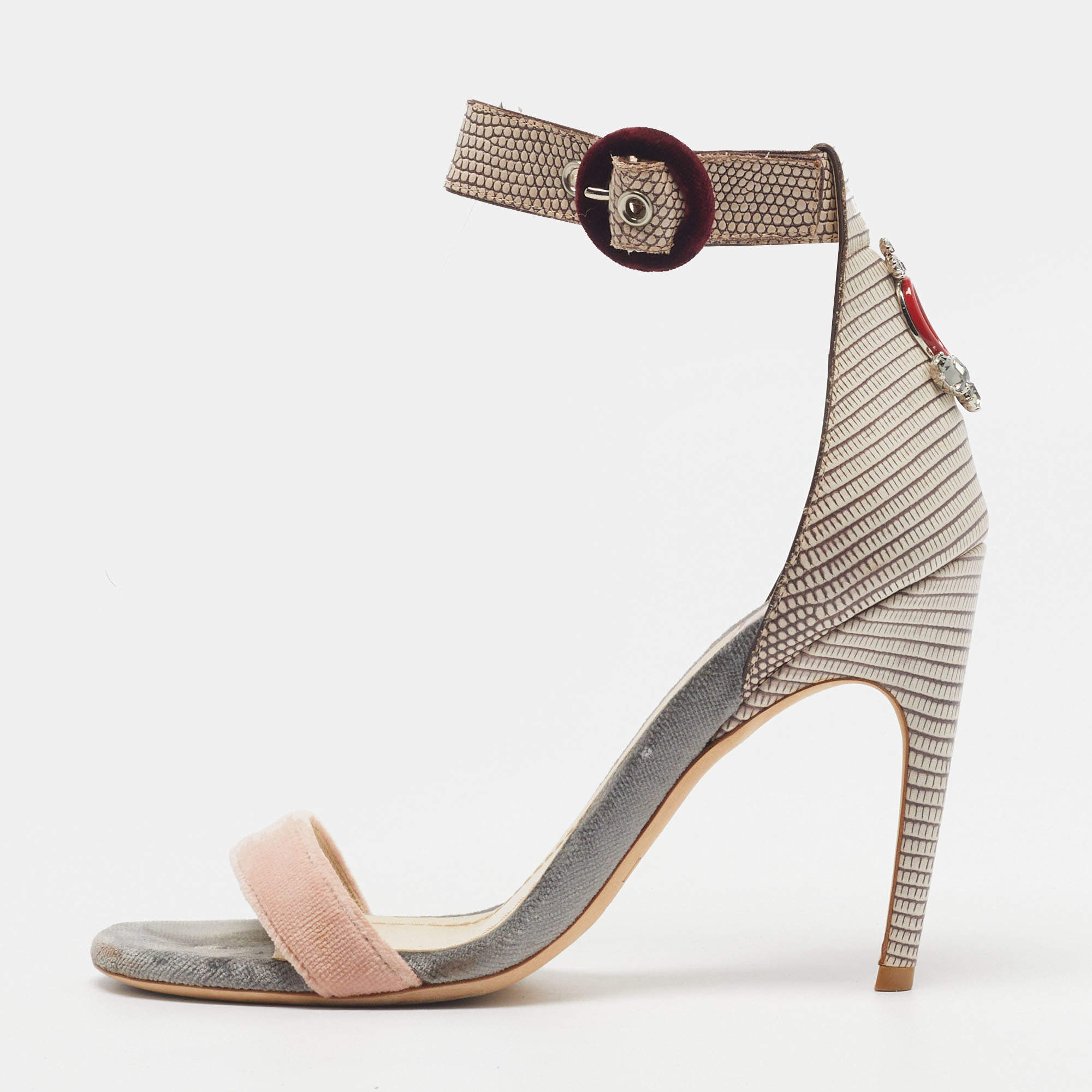 مملوكة مسبقًا Dior Size 37 Multicolor Lizard Embossed Leather and Velvet Ankle Strap Sandals
