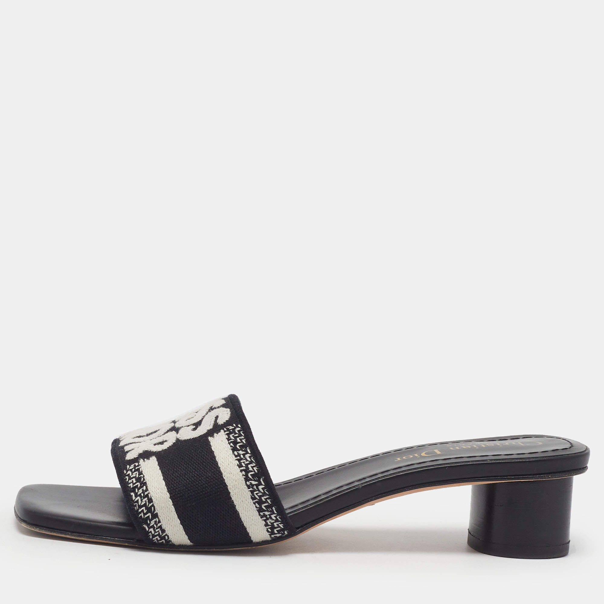 Pre Owned Dior Miss Dior Size 37 Black/White Canvas Block Heel Slide Sandals