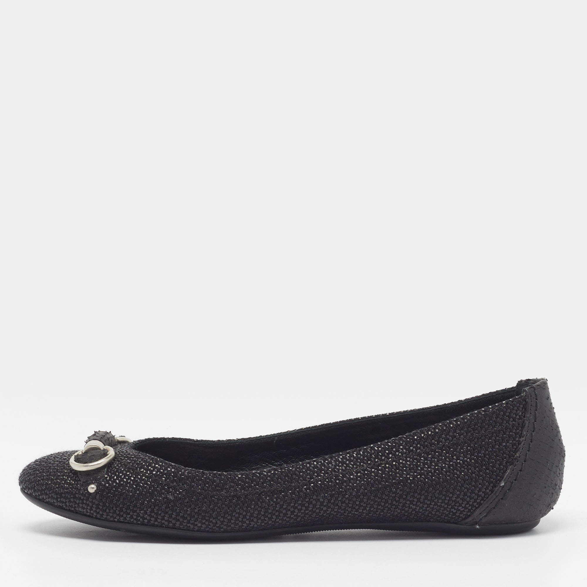 Pre Owned Dior Size 37 Black Python Embossed and Woven Straw Ballet Flats