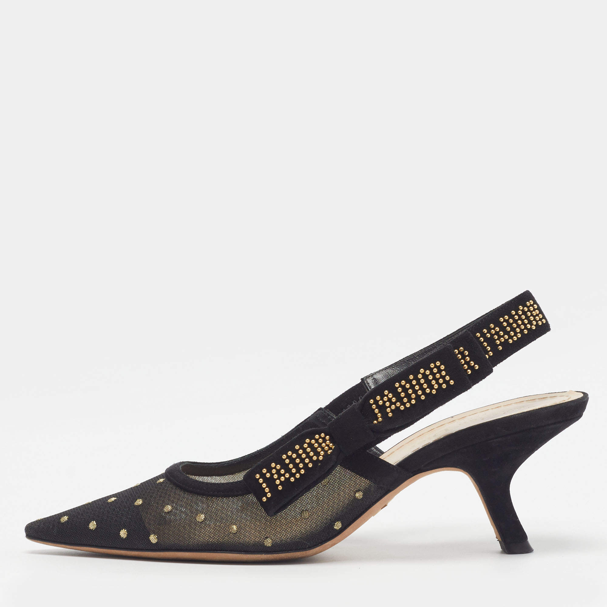 Pre Owned Dior J'Adior Size 37.5 Black Mesh and Suede Slingback Pumps