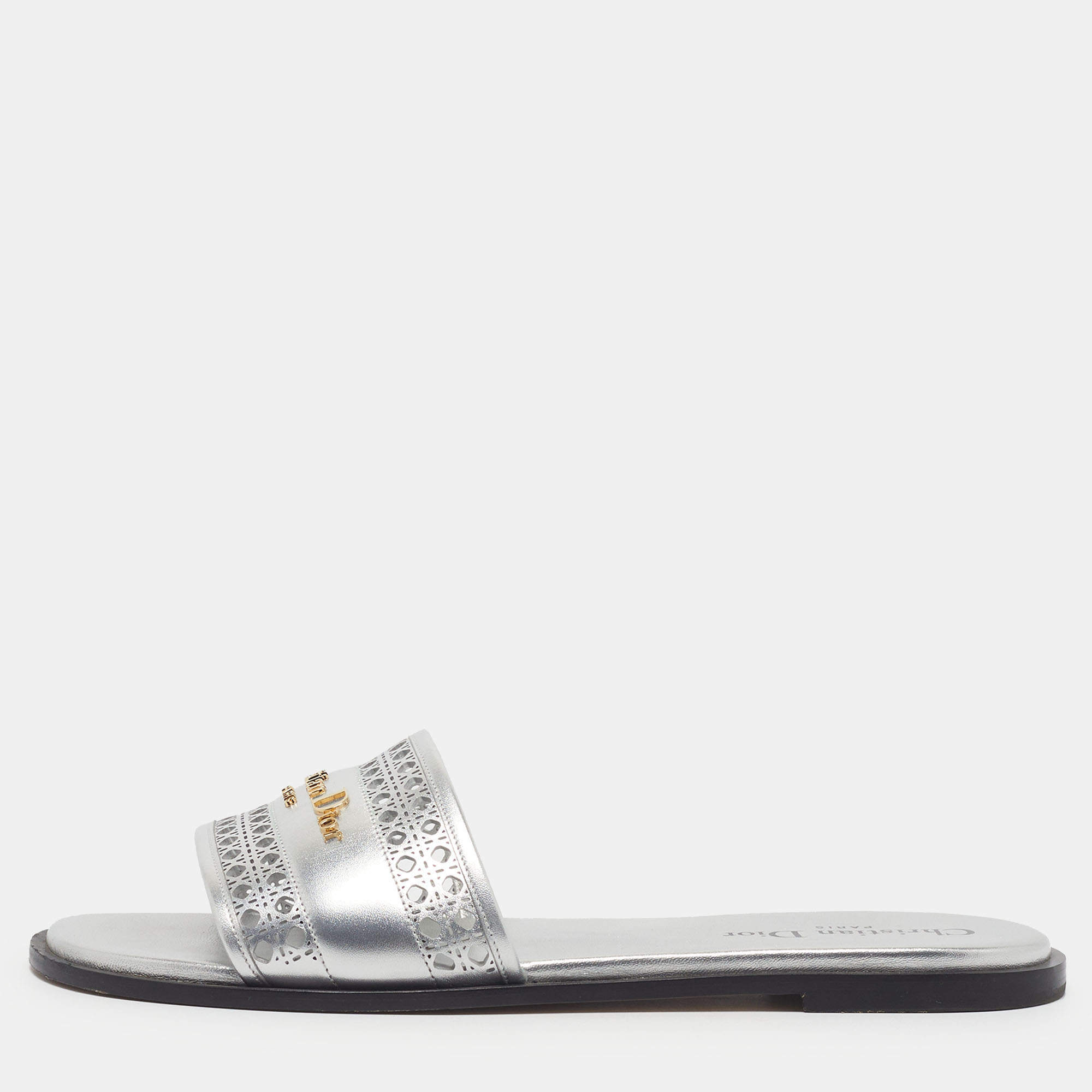 Pre Owned Dior D-Lane Size 38 Silver Leather Flat Slide