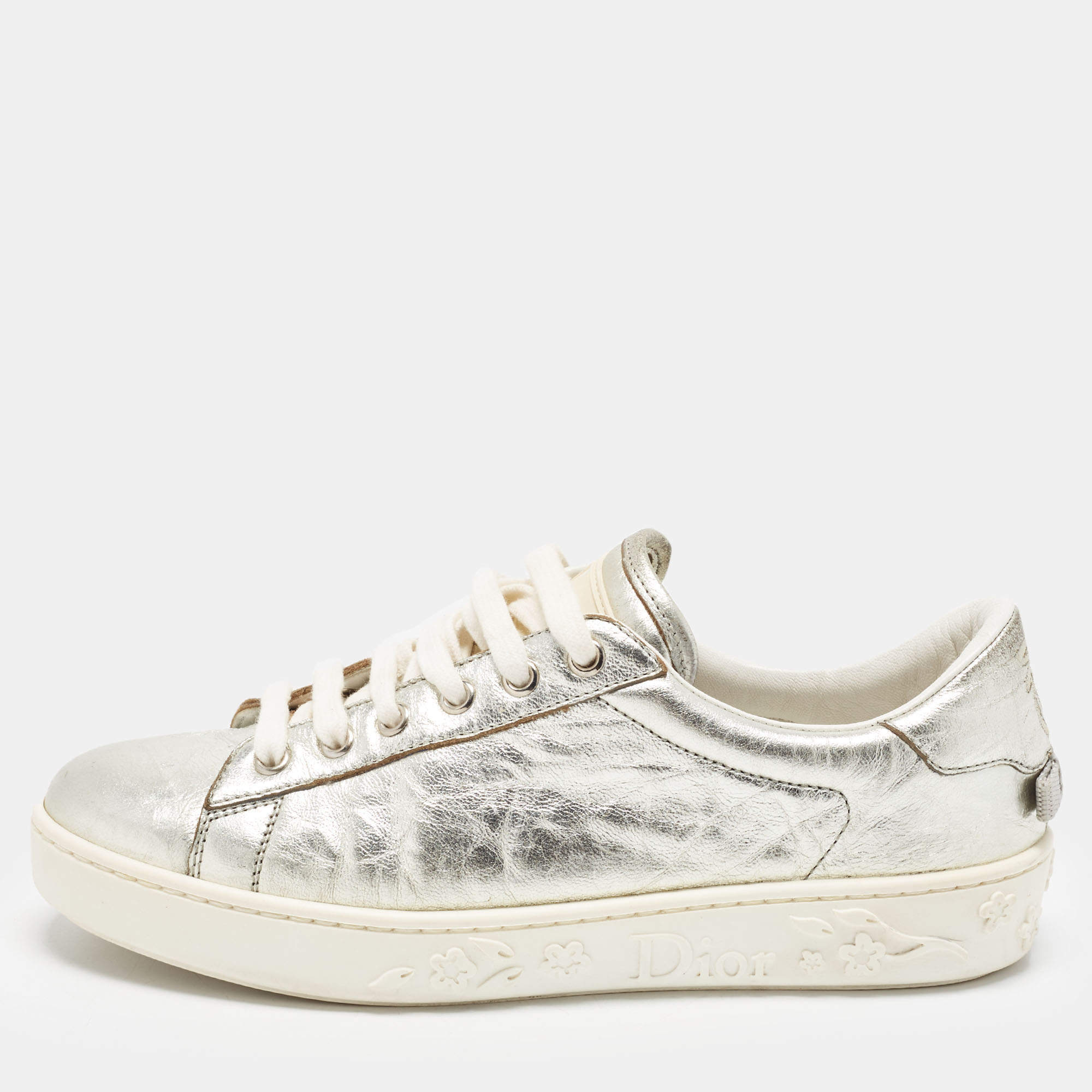 Pre Owned Dior Size 36 Silver Leather Low Top Sneakers