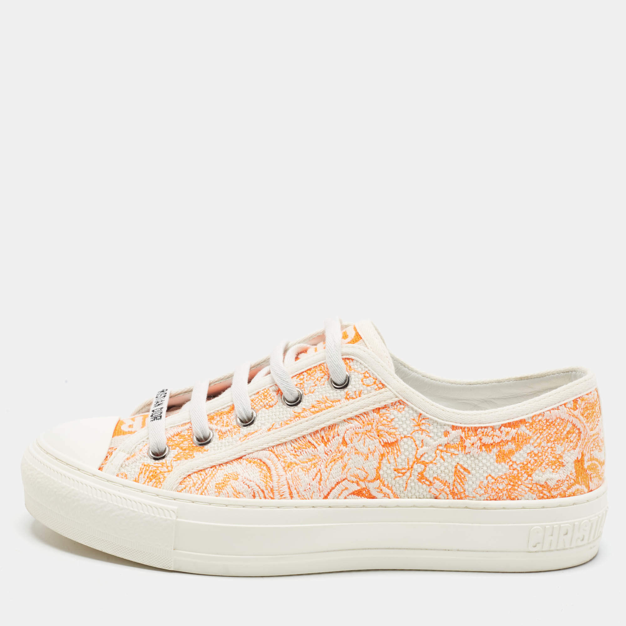 Pre Owned Dior Walk'n'Dior Size 37.5 Orange/White Canvas Lace Up Sneakers