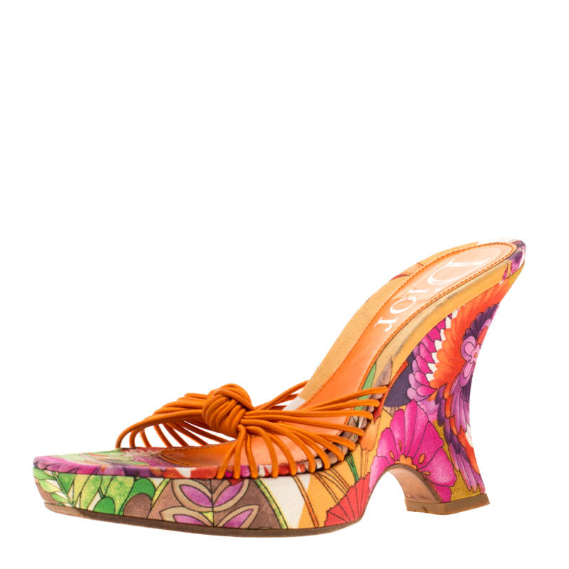 Dior Multicolor Floral Print Fabric Wedge Platform Slide Sandals Size 36.5