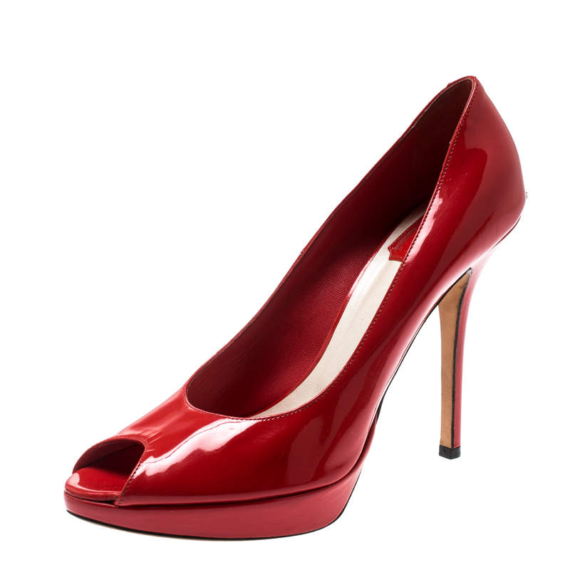 Pre Owned Dior Corail Patent Leather Peep Toe Platform Pumps Size 39.5