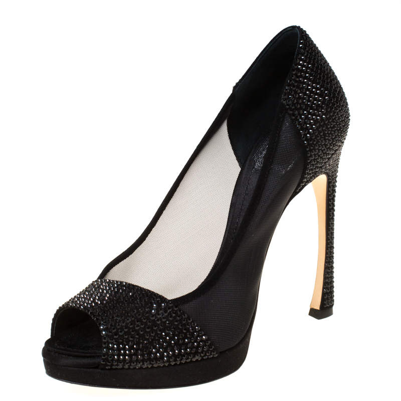 Pre Owned Dior Black Crystal Embellished Satin and Mesh Peep Toe Pumps Size 36.5