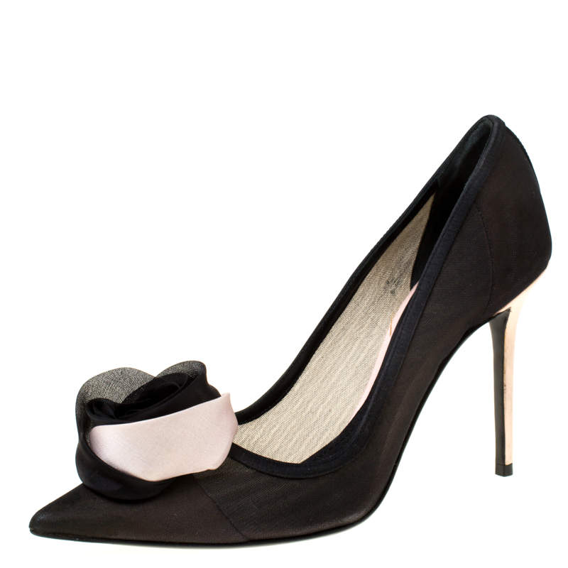 Pre Owned Dior Black Mesh Garden Flower Detail Pointed Toe Pumps Size 37.5