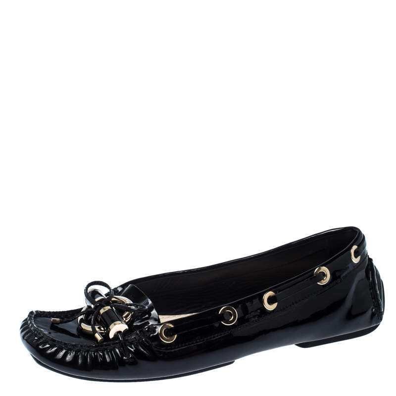 Pre Owned Dior Black Patent Leather Metal Twist Moccasins Size 37