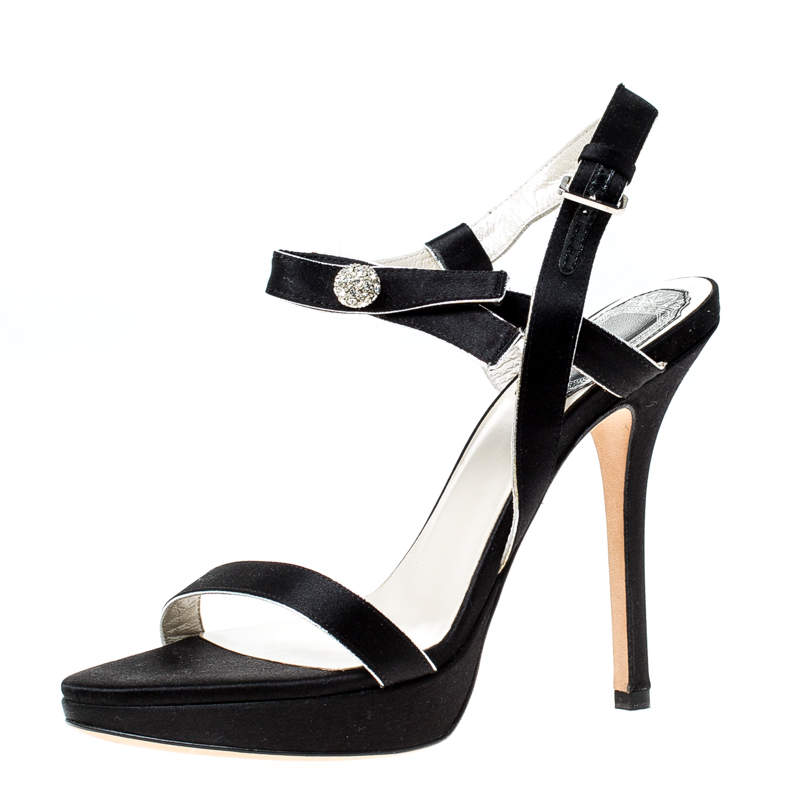 مملوكة مسبقًا صندل ديور مزخرف نعل سميك سير كاحل ساتان أسود مقاس 35