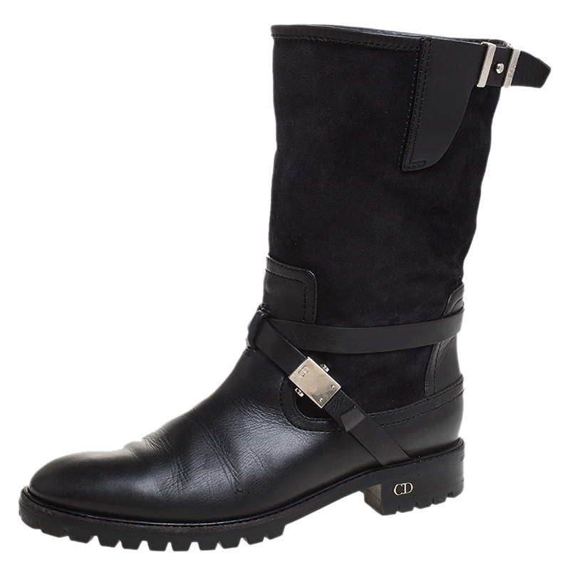 Pre Owned Dior Black Suede And Leather Buckle Detail Ankle Boots Size 38