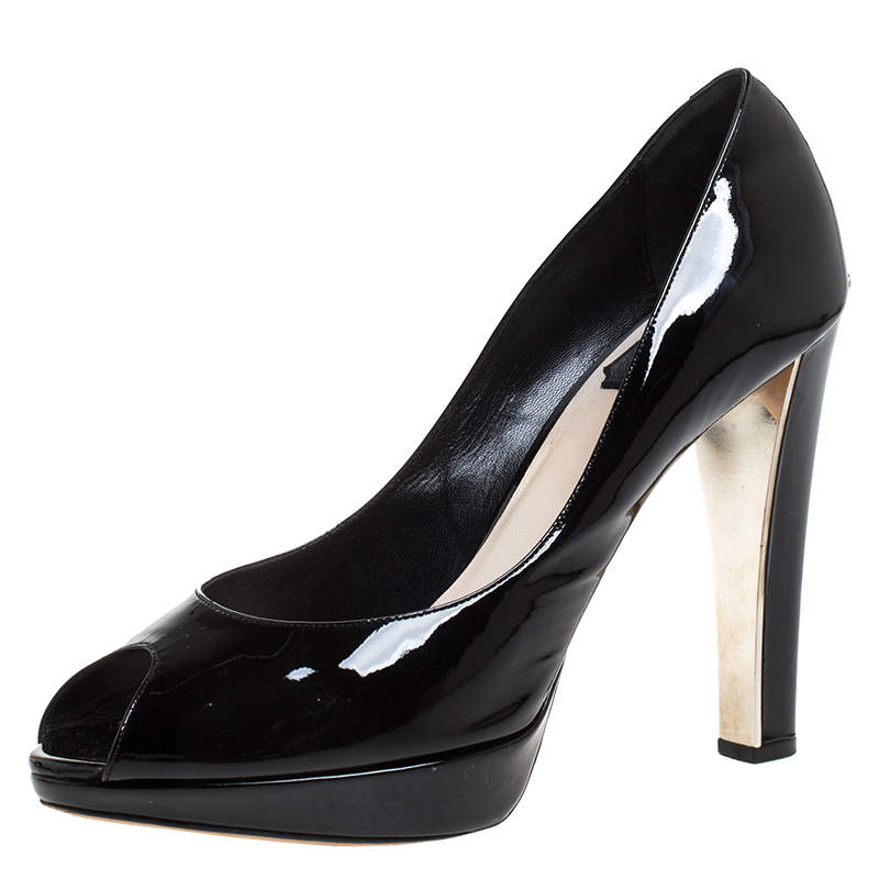 مملوكة مسبقًا حذاء كعب عالي ديور "ميس ديور " بمقدمة مفتوحة و بنعل سميك جلد لامع أسود مقاس 39