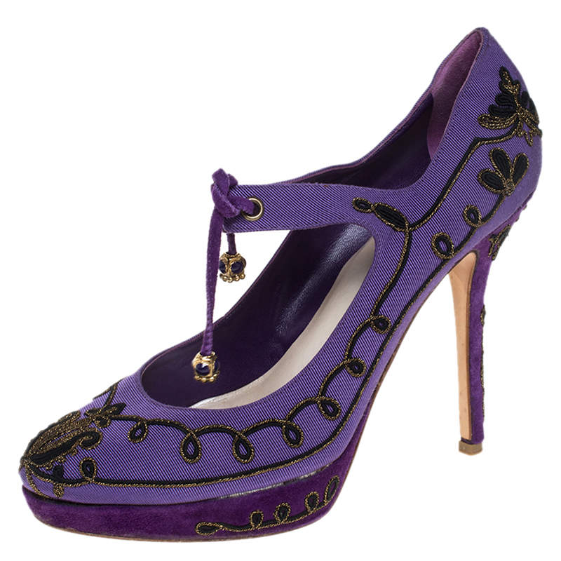 Dior Purple Embroidered Canvas Tie Platform Pumps Size 39