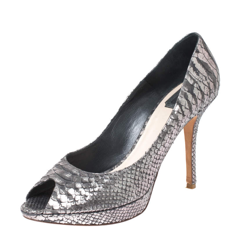 Dior Grey/Silver Python Leather Miss Dior Peep Toe Platform Pumps Size 41