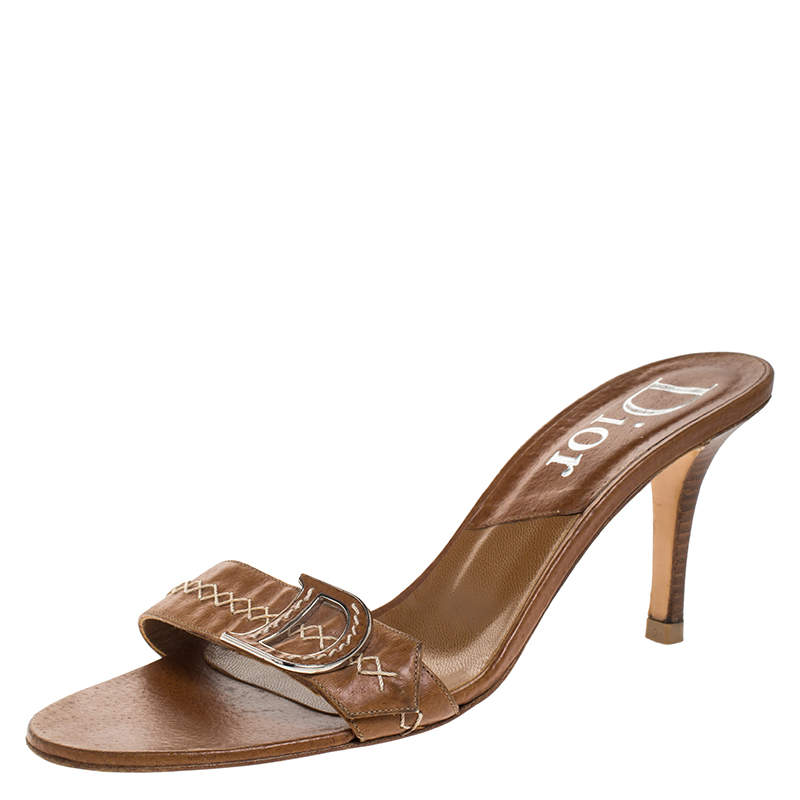 Dior Brown Leather Cross Stitch And Logo Detail Slide Sandals Size 39.5