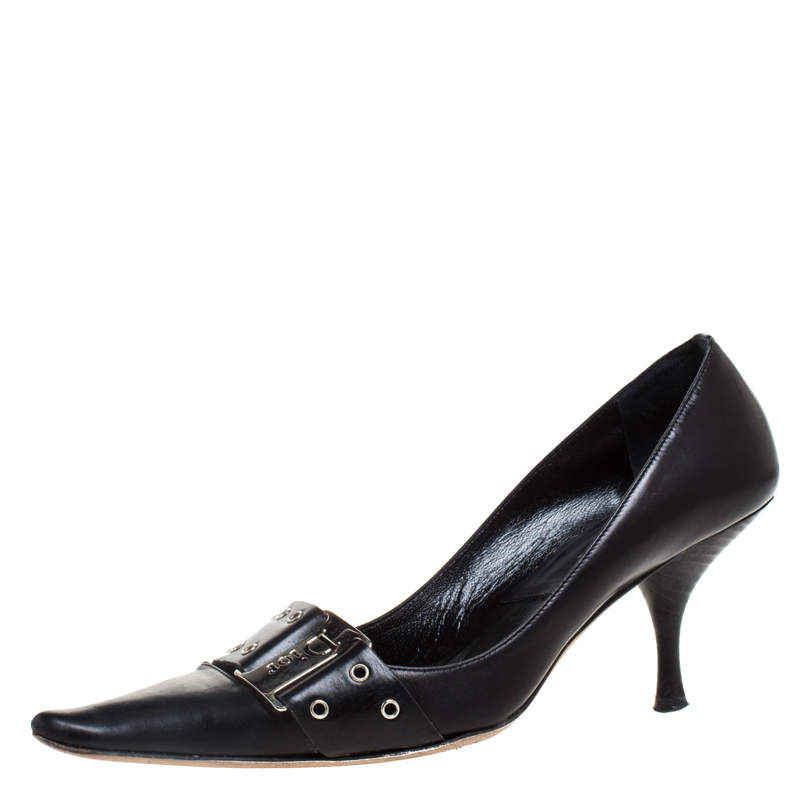 Pre Owned Dior Black Eyelet Leather Buckle Detail Pointed Toe Pumps Size 38.5