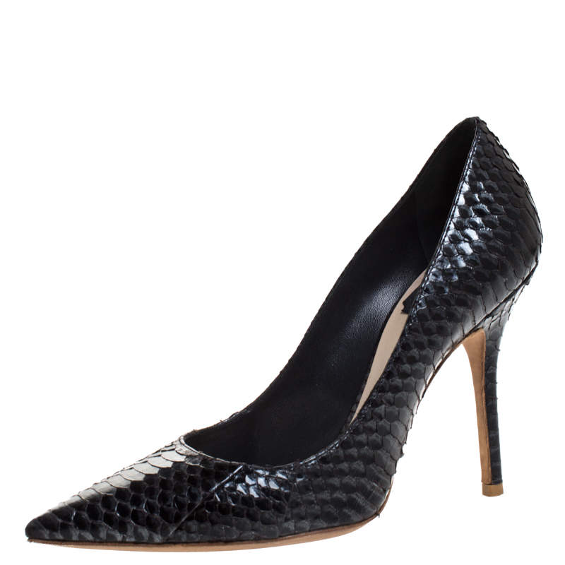 مملوكة مسبقًا  Dior Black/Grey Python Leather Cherie Pointed Toe Pumps Size 36.5