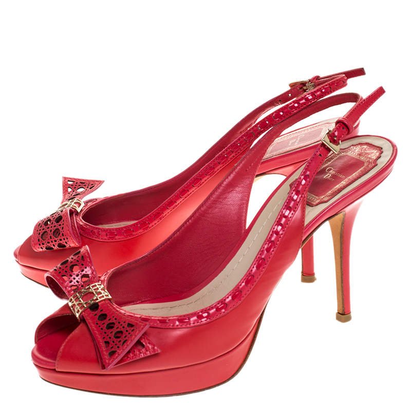 Dior Coral Red Cannage Leather Bow Slingback Peep Toe Platform Sandals Size  38 – Shaikha's Luxury Closet