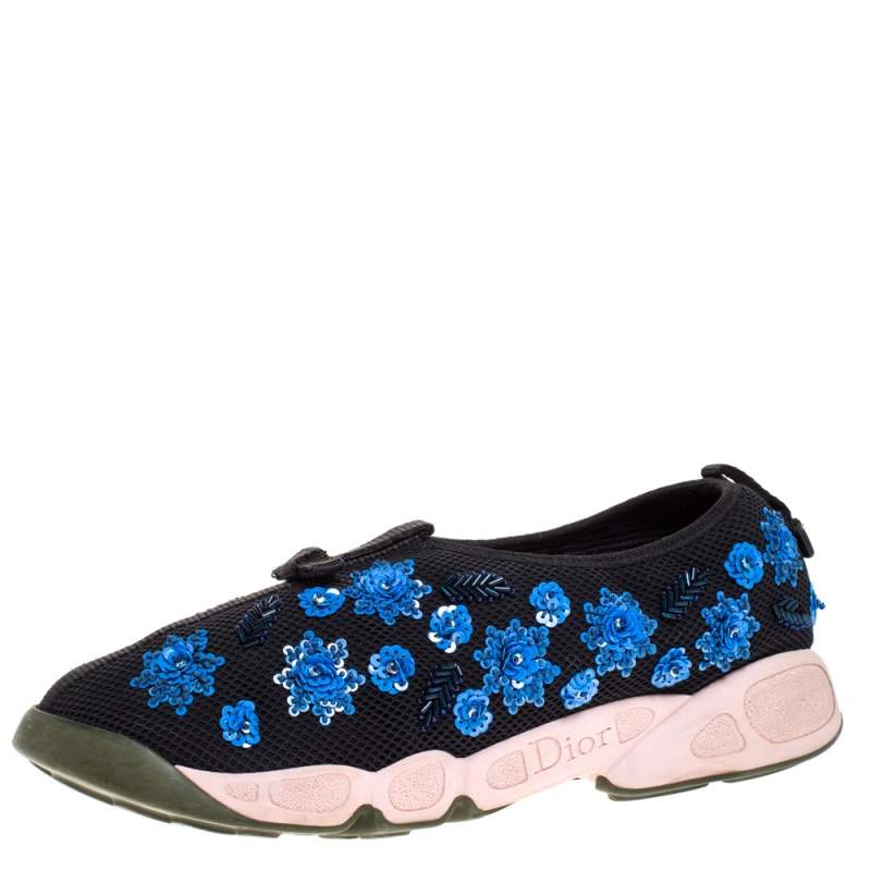 مملوكة مسبقًا Dior Black Mesh Neoprene Fusion Embellished Low-Top Sneakers Size 38