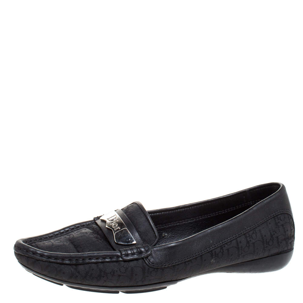 Pre Owned حذاء لوفرز فلات ديور مقدمة مدببة كانفاس مونوغرامي و جلد أسود مقاس 36