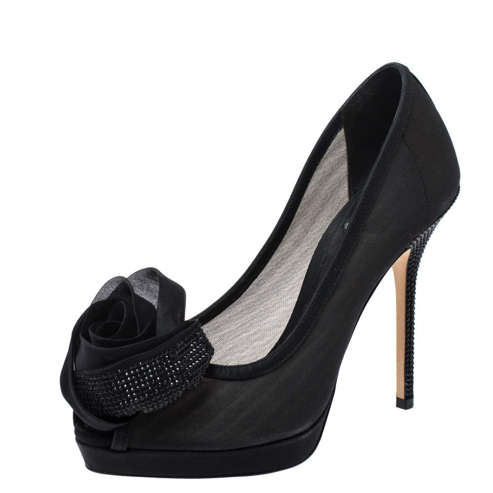 مملوكة مسبقًا Dior Black Mesh and Satin Chiffon Flower Peep Toe Platform Pumps Size 37.5