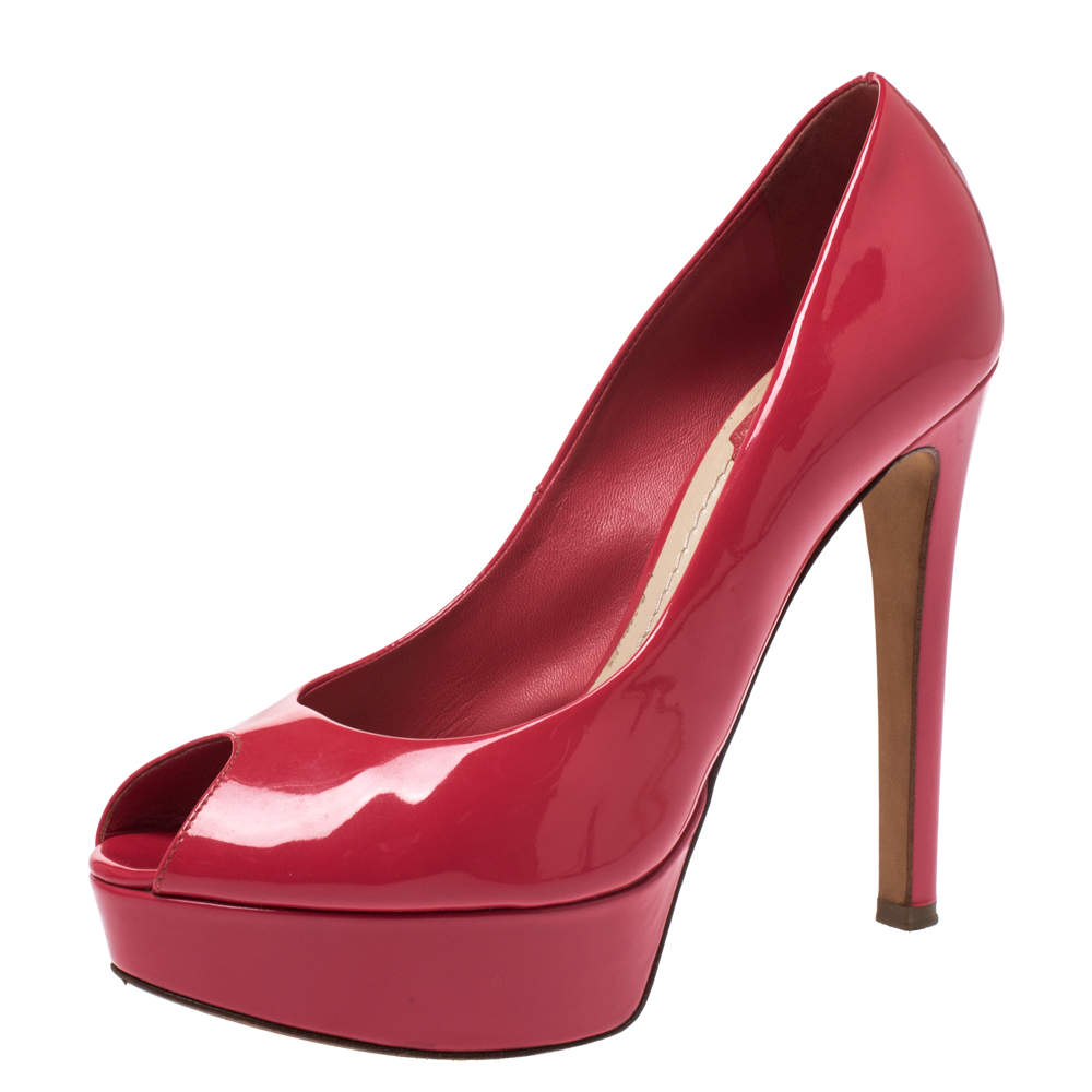 Christian Dior Pink Patent Leather Peep Toe Platform Pumps Size 37.5