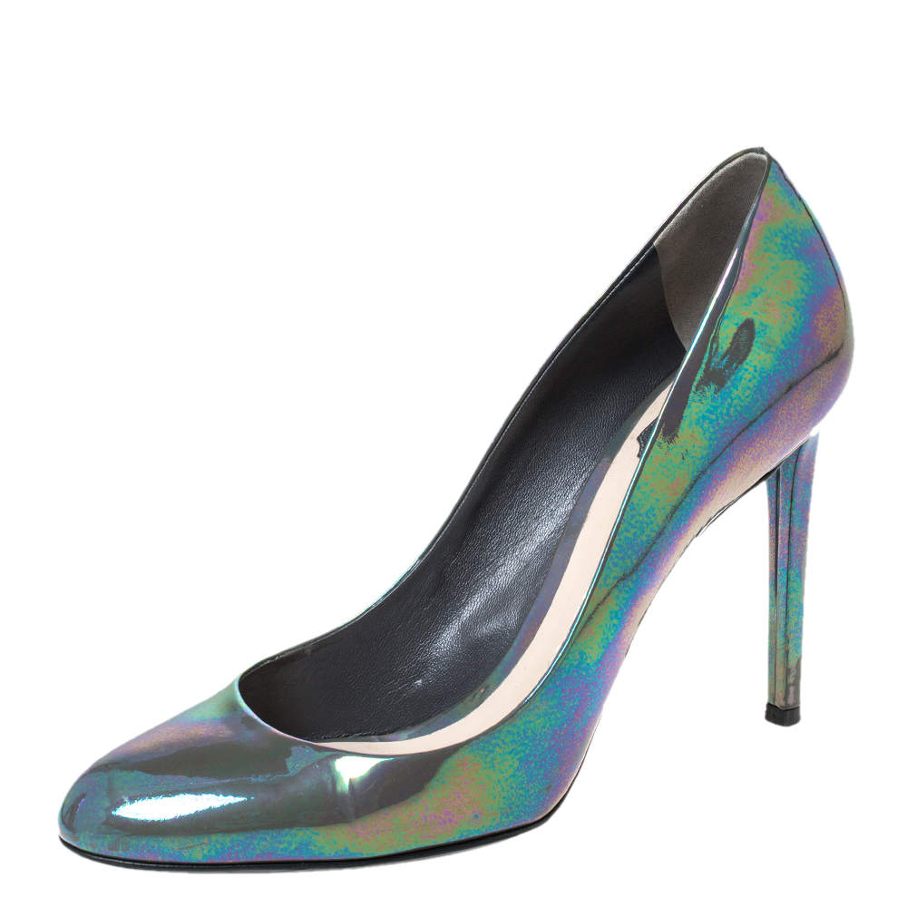 Pre Owned حذاء كعب عالى ديور جلد لامع إريدسنت رمادي مقاس 40