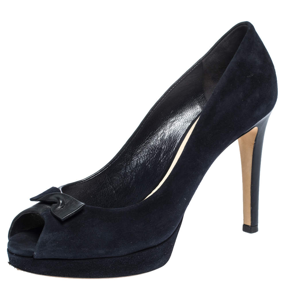 مملوكة مسبقًا Dior Blue Leather and Suede Bow Peep Toe Platform Pumps Size 39.5