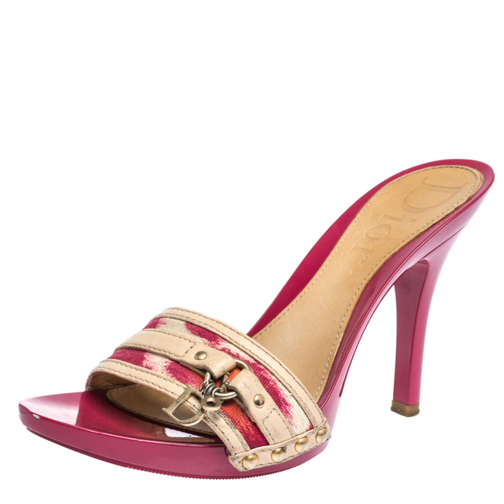 Dior Multicolor Printed Canvas And Leather Peep Toe Clogs Sandals Size 37.5