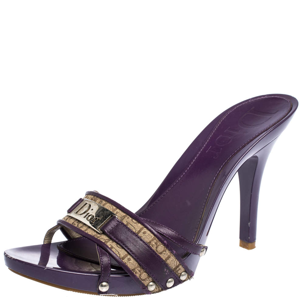 Dior Purple/Beige Patent Leather And Canvas Open Toe Sandals Size 38